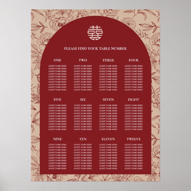 Póster Tabla de asientos de 12 Bodas chinos florales (Frente)