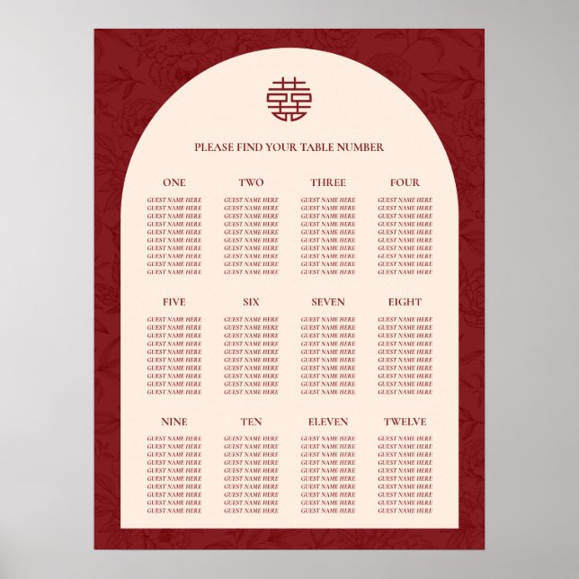Póster Tabla de asientos de 12 Bodas chinos florales (Frente)