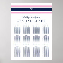 Póster Tabla de asientos de 12 mesas azules rosadas y mar