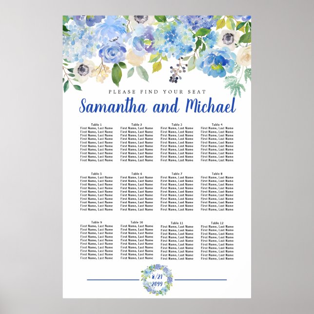 Póster Tabla de asientos de 12 mesas de Hydrangea azul gr (Frente)