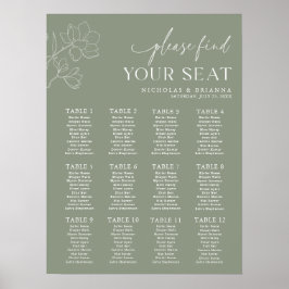 Póster Tabla de asientos de 12 mesas para el Boda verde d