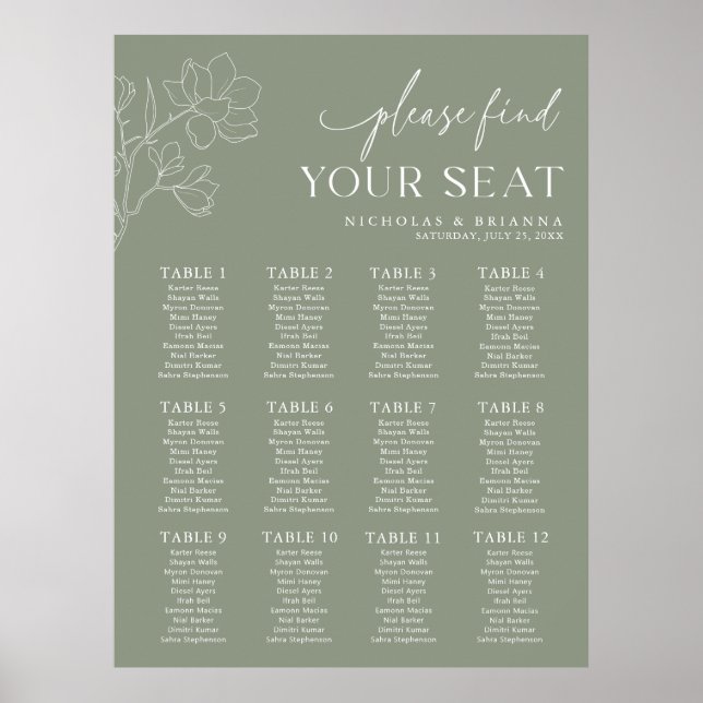 Póster Tabla de asientos de 12 mesas para el Boda verde d (Frente)