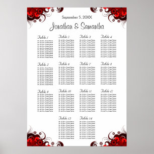 Póster Tabla de asientos de 14 Bodas de color rojo Floral