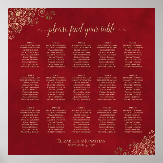 Póster Tabla de asientos de 15 Bodas de mesa encaje de or (Frente)