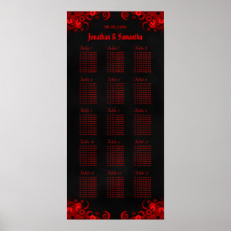 Póster Tabla de asientos de 15 mesas Bodas de color rojo 