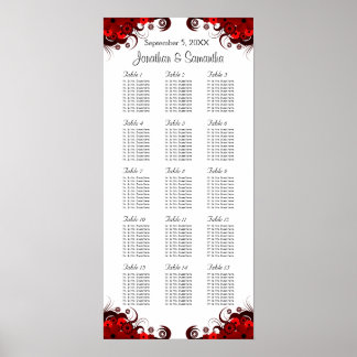 Póster Tabla de asientos de 15 mesas Bodas de color rojo 