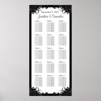 Póster Tabla de asientos de 15 mesas Bodas en blanco y ne