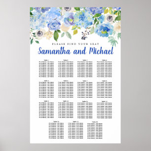 Póster Tabla de asientos de 15 mesas de Hydrangea azul gr
