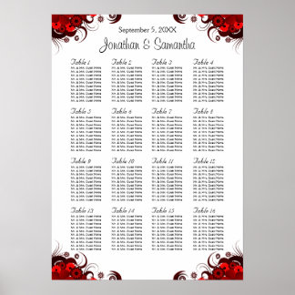 Póster Tabla de asientos de 16 mesas Bodas de color rojo