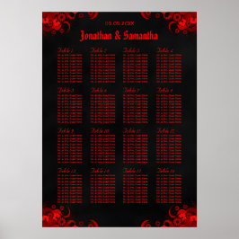 Póster Tabla de asientos de 16 mesas Bodas de color rojo