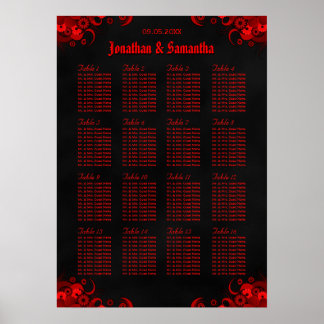 Póster Tabla de asientos de 16 mesas Bodas de color rojo 