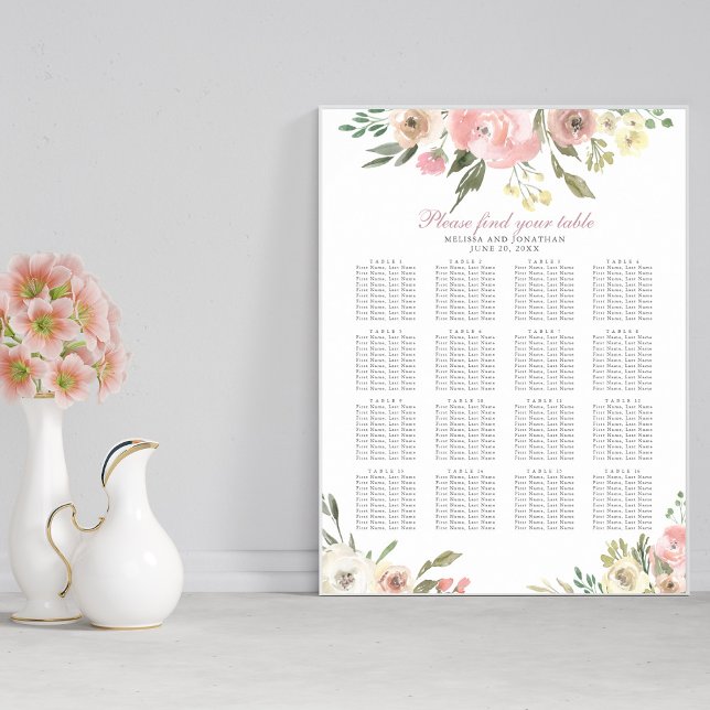 Póster Tabla de asientos de 16 mesas del Boda floral rosa (Subido por el creador)