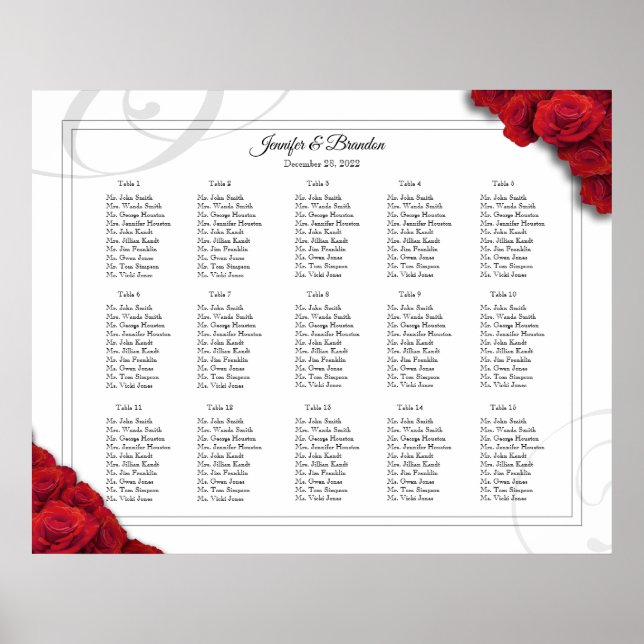 Póster Tabla de asientos de 16 x 20 rosas rojas (Frente)