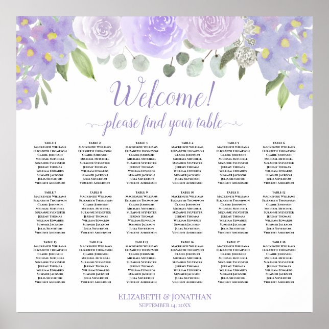 Póster Tabla de asientos de 18 Bodas de mesa con flores d (Frente)