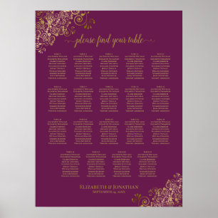 Póster Tabla de asientos de 19 Bodas de oro morado