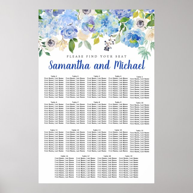 Póster Tabla de asientos de 19 mesas de Hydrangea azul gr (Frente)
