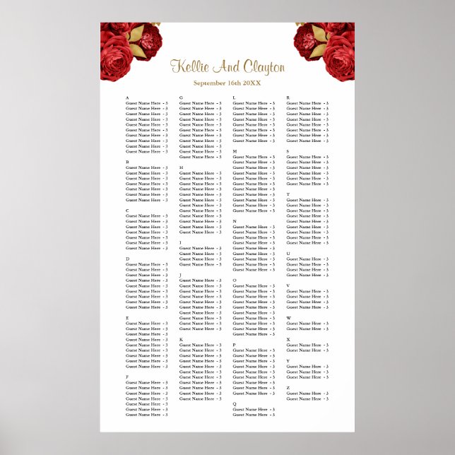 Póster Tabla De Asientos De 200 Bodas Florales Rojos Y Or (Frente)