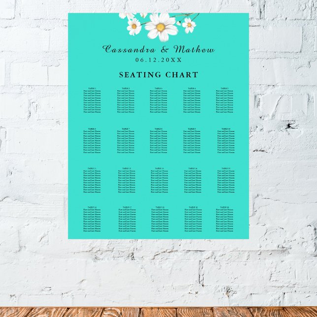 Póster Tabla de asientos de 200 Bodas florales turquesa d (Turquoise Daisy Floral Wedding 200 Seating Chart)