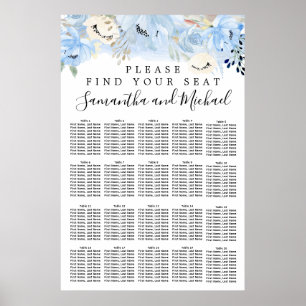 Póster Tabla de asientos de 20 mesas con Boda Floral Azul