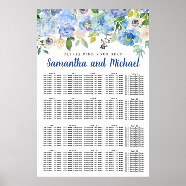 Póster Tabla de asientos de 20 mesas de Hydrangea azul gr (Frente)