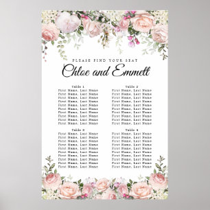 Póster Tabla de asientos de 4 mesas para Bodas de flores