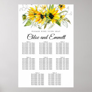Póster Tabla de asientos de 8 mesas de girasol amarillo m