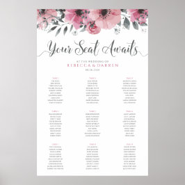 Póster Tabla de asientos de 9 Bodas florales rosados de m