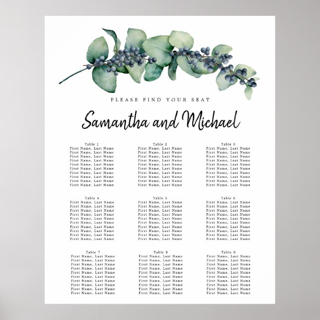 Póster Tabla de asientos de 9 mesas de Eucalyptus Berry d (Frente)