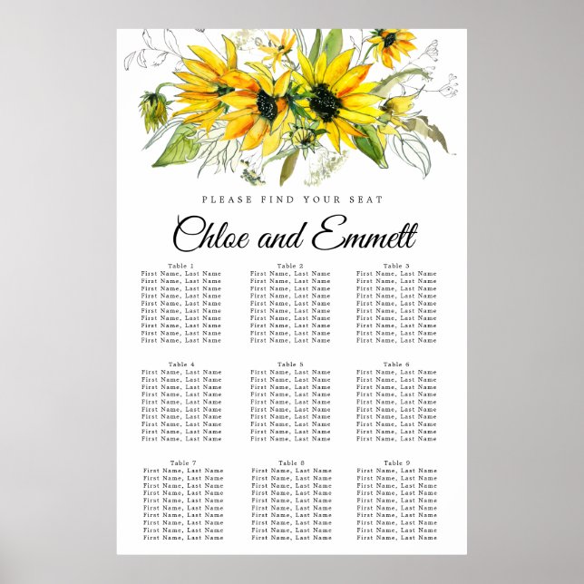 Póster Tabla de asientos de 9 mesas de girasol amarillo m (Frente)