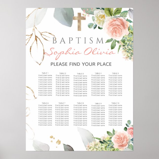 Póster Tabla de asientos de bautismo Chica de rosas Rubor (Frente)