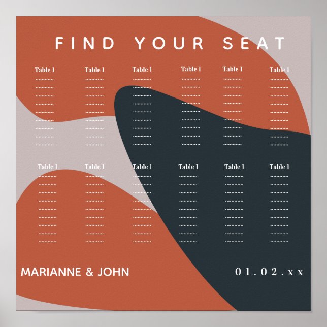 Póster Tabla de asientos de Boda azul de terracota orgáni (Frente)