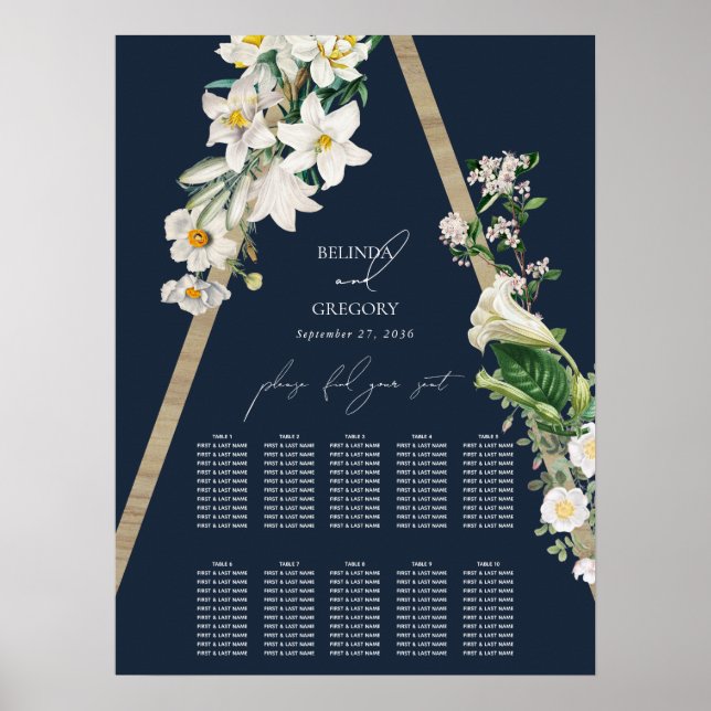 Póster Tabla de asientos de Boda azul floral de la Pirámi (Frente)
