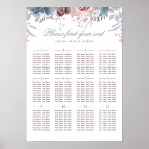 Póster Tabla de asientos de Boda azul y malva polvoriento