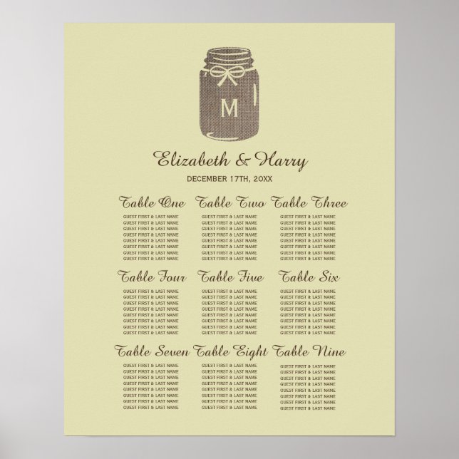 Póster Tabla de asientos de Boda Burlap Mason Jar (Frente)