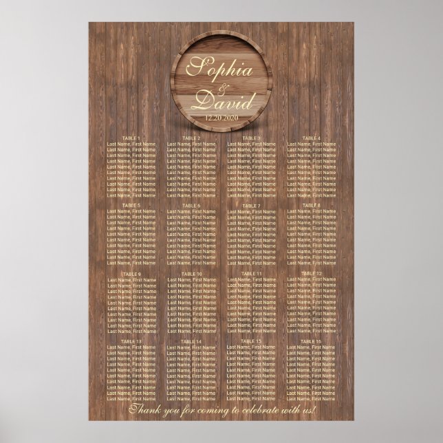 Póster Tabla de asientos de Boda de barril de viñedo 16 t (Frente)