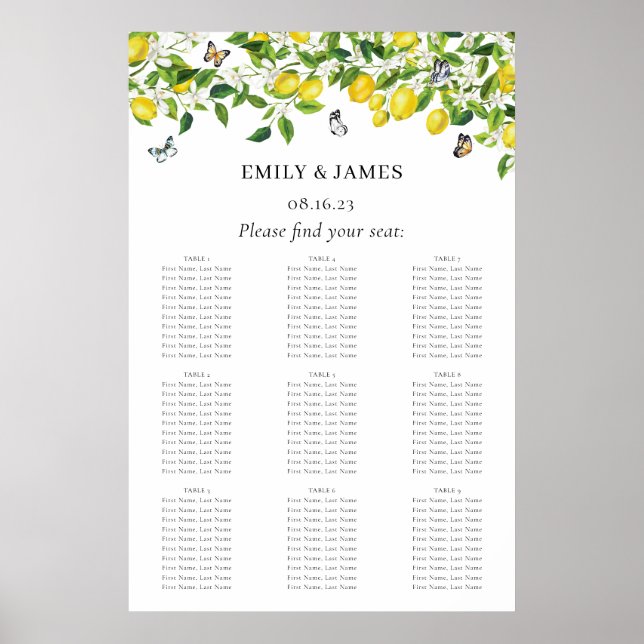 Póster Tabla de asientos de Boda de cítricos limón de col (Frente)