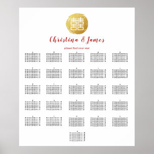 Póster Tabla de asientos de Boda de doble felicidad dorad