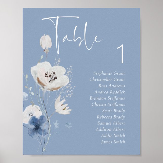 Póster Tabla de asientos de Boda de flores azul turbio (Frente)