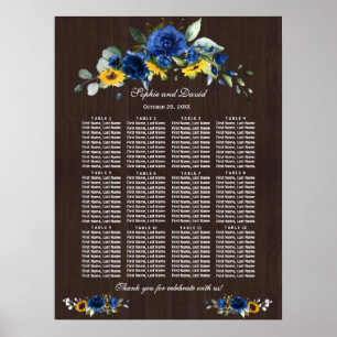 Póster Tabla de asientos de Boda de flores azules de gira