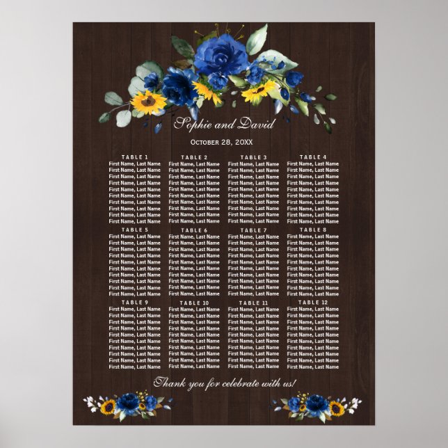 Póster Tabla de asientos de Boda de flores azules de gira (Frente)