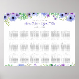 Póster Tabla de asientos de Boda de flores moradas románt