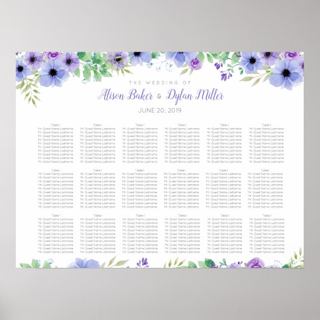 Póster Tabla de asientos de Boda de flores moradas románt (Frente)