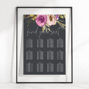 Póster Tabla de asientos de Boda de flores púrpura y turb