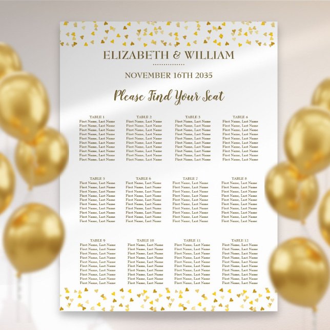 Póster Tabla de asientos de Boda de Golden Hearts (Golden Hearts Wedding Seating Chart)