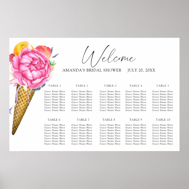 Póster Tabla de asientos de boda de helados de flores (Frente)