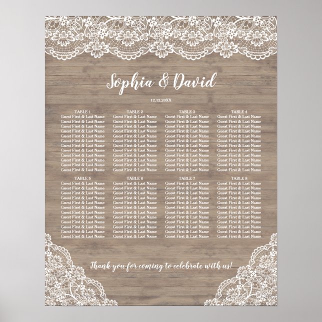 Póster Tabla de asientos de Boda de madera de encaje vint (Frente)