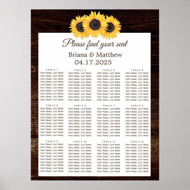 Póster Tabla de asientos de Boda de madera de girasol de  (Frente)