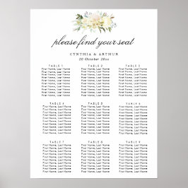Póster tabla de asientos de boda de marfil blanco floral
