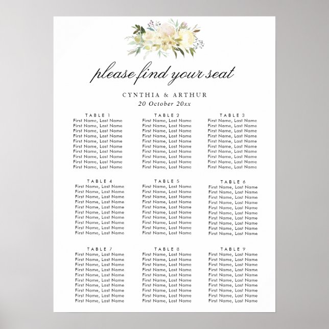Póster tabla de asientos de boda de marfil blanco floral (Frente)