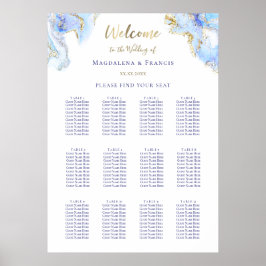 Póster tabla de asientos de boda de mármol azul